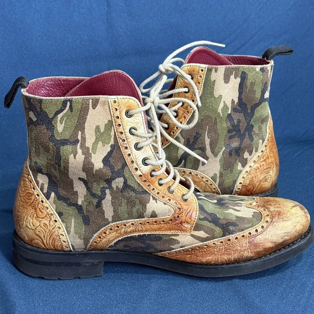 TAFT Mens Size 9 Camo Leather Wingtip Brogue Boots Handcrafted Spain Combat Boot